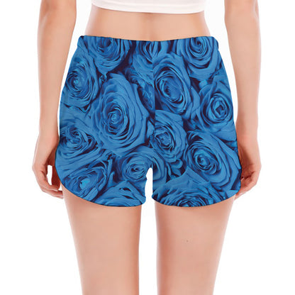 Blue Rose Print Women's Split Running Shorts