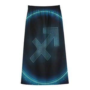 Blue Sagittarius Zodiac Sign Print Cotton Front Slit Maxi Skirt