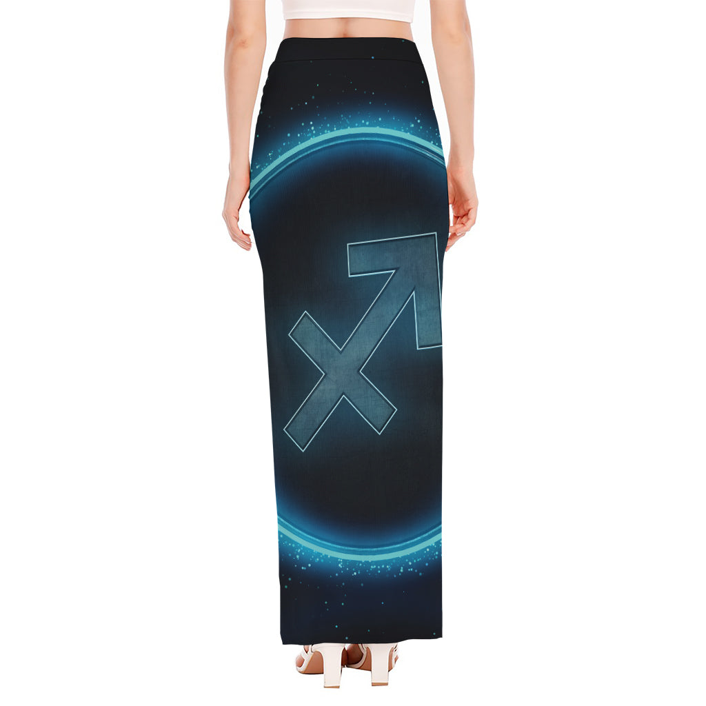 Blue Sagittarius Zodiac Sign Print High Slit Maxi Skirt