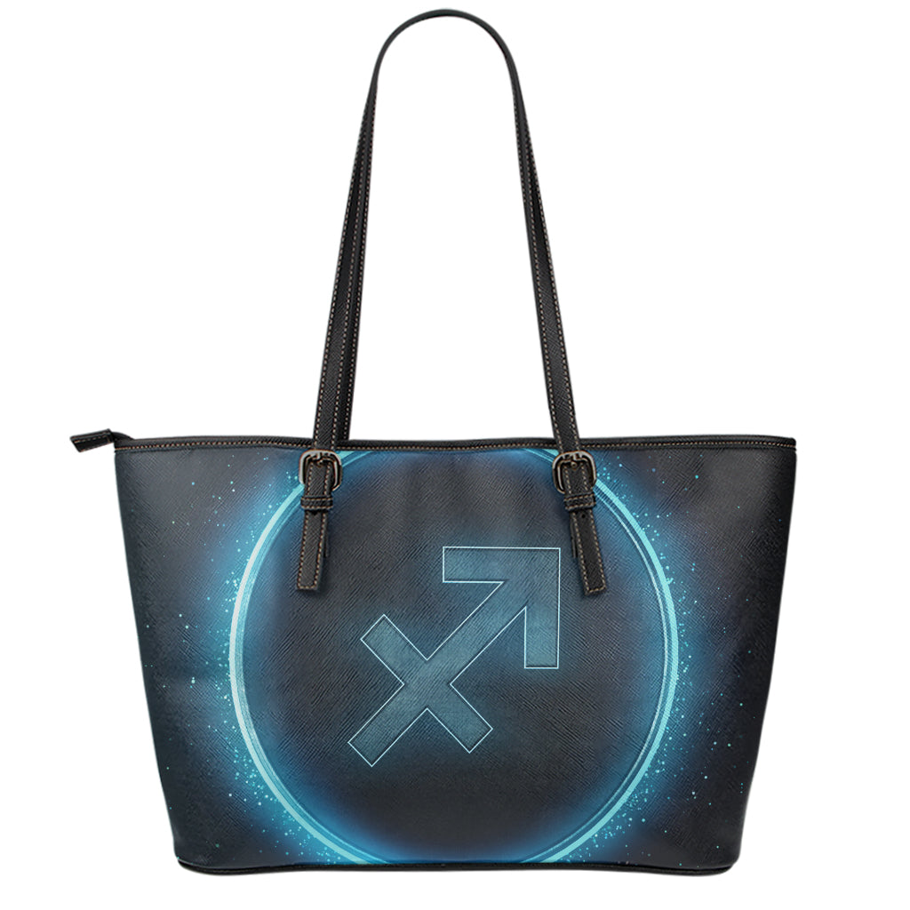 Blue Sagittarius Zodiac Sign Print Leather Tote Bag