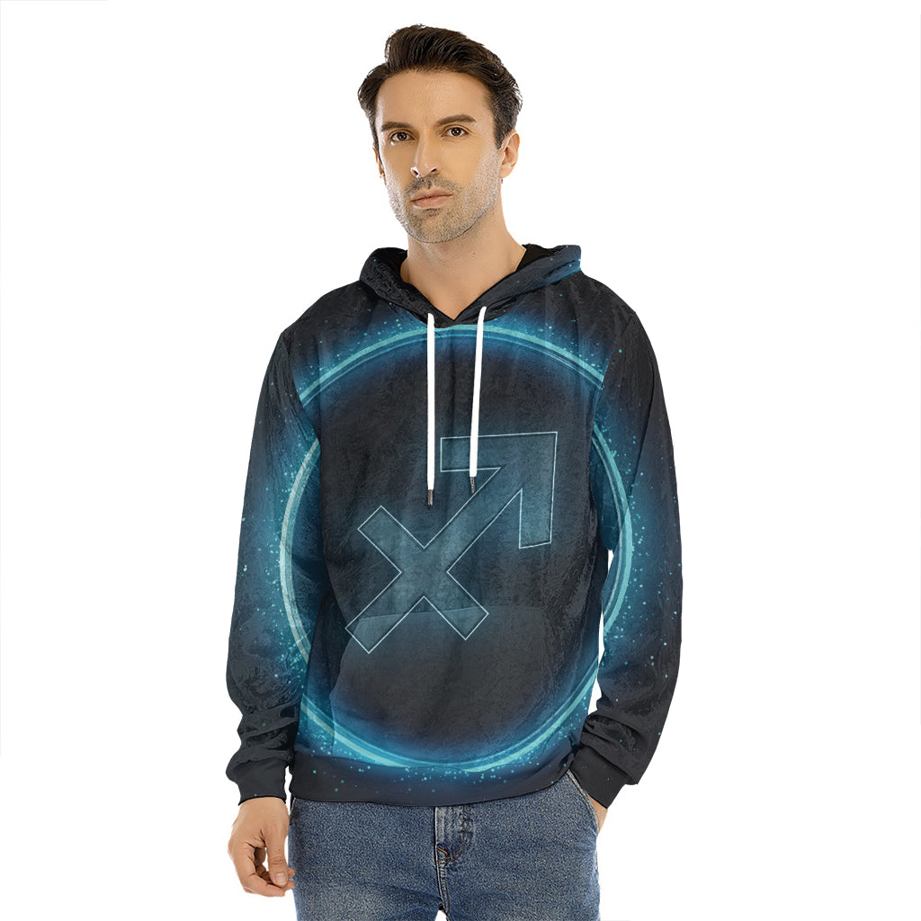 Blue Sagittarius Zodiac Sign Print Men's Velvet Pullover Hoodie