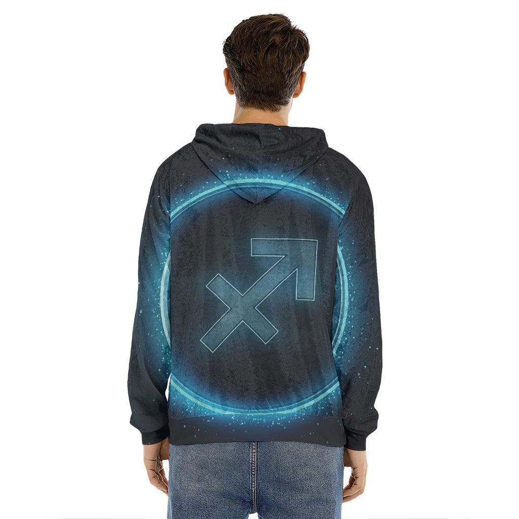 Blue Sagittarius Zodiac Sign Print Men's Velvet Pullover Hoodie
