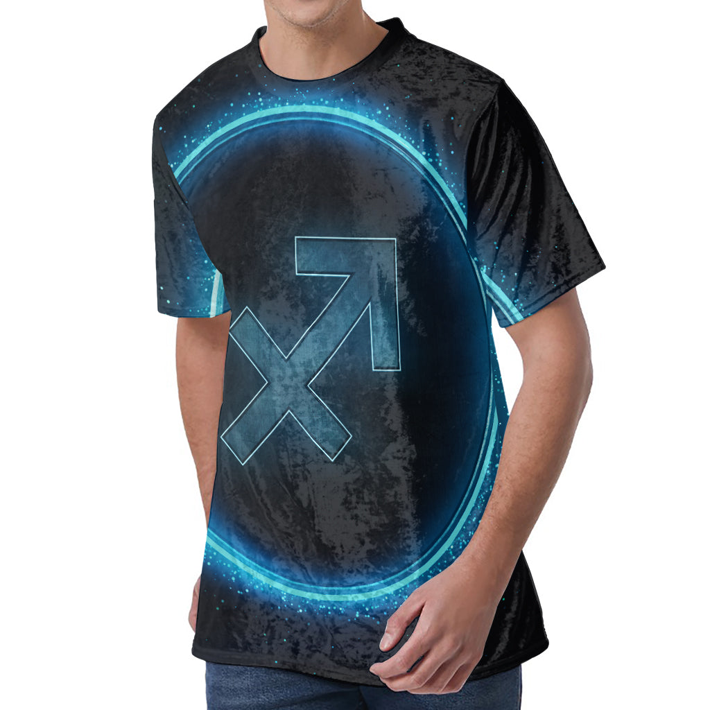 Blue Sagittarius Zodiac Sign Print Men's Velvet T-Shirt