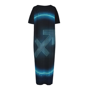 Blue Sagittarius Zodiac Sign Print Short Sleeve Long Nightdress