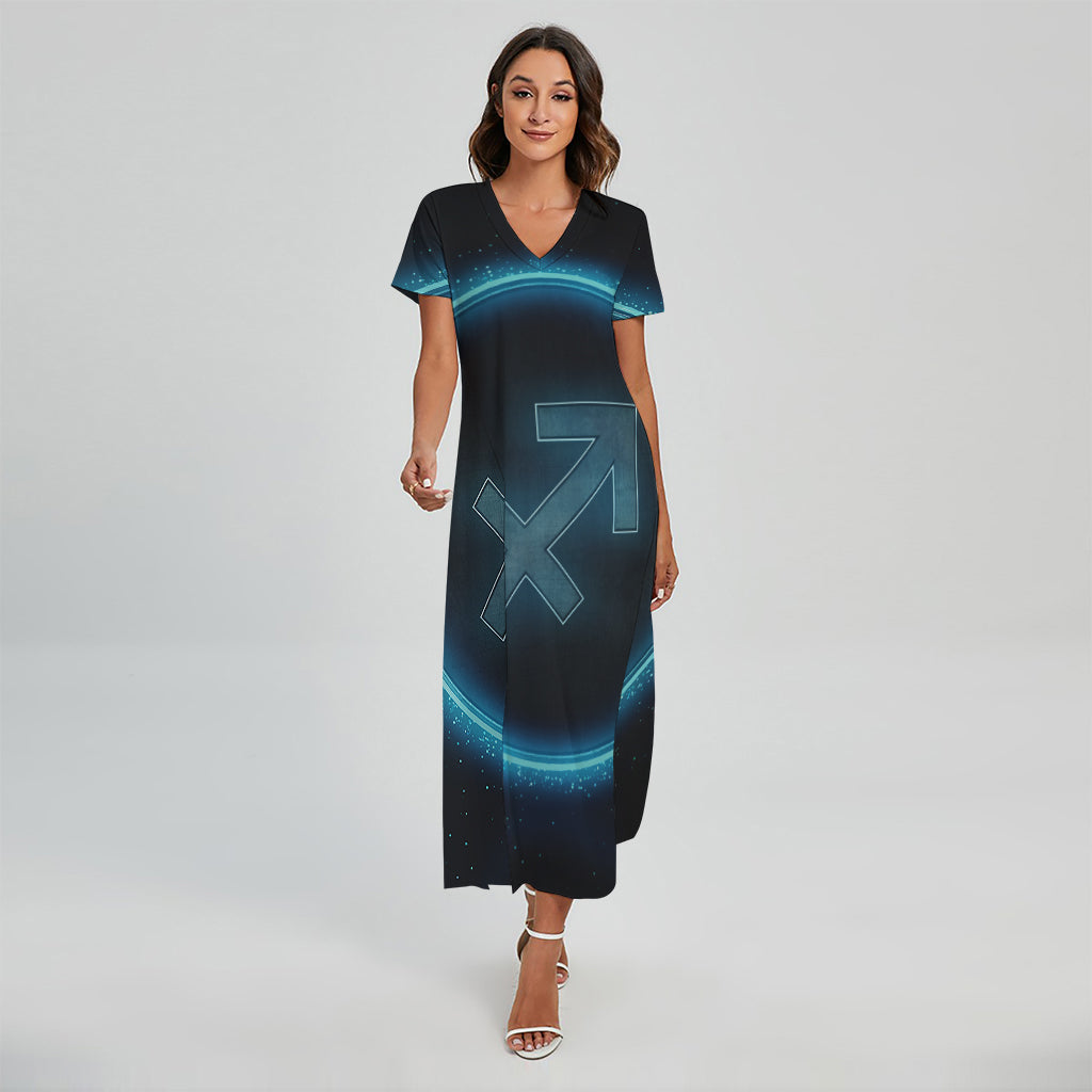 Blue Sagittarius Zodiac Sign Print Short Sleeve Maxi Dress