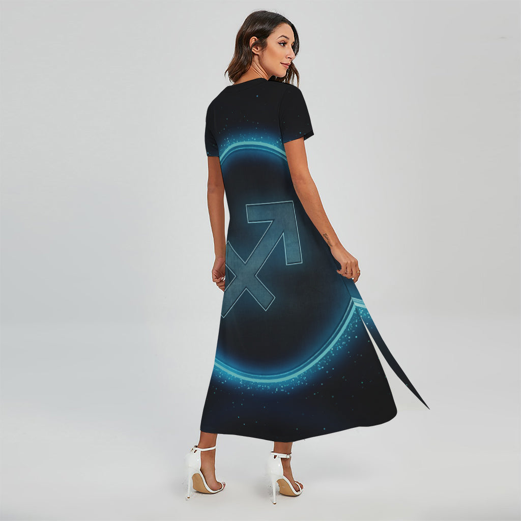 Blue Sagittarius Zodiac Sign Print Short Sleeve Maxi Dress