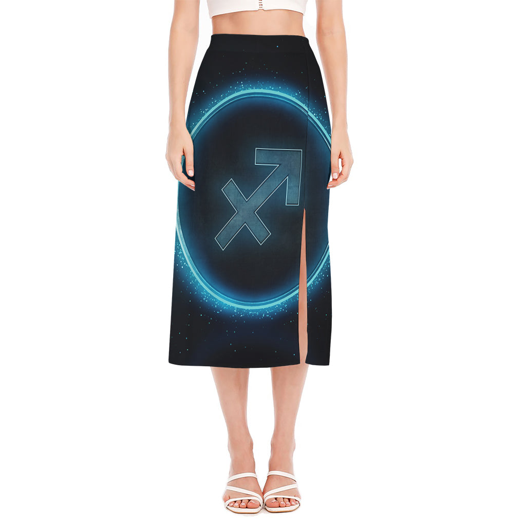 Blue Sagittarius Zodiac Sign Print Side Slit Midi Skirt