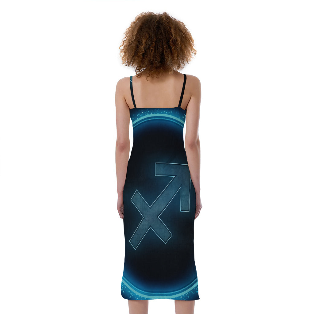 Blue Sagittarius Zodiac Sign Print Slim Fit Midi Cami Dress