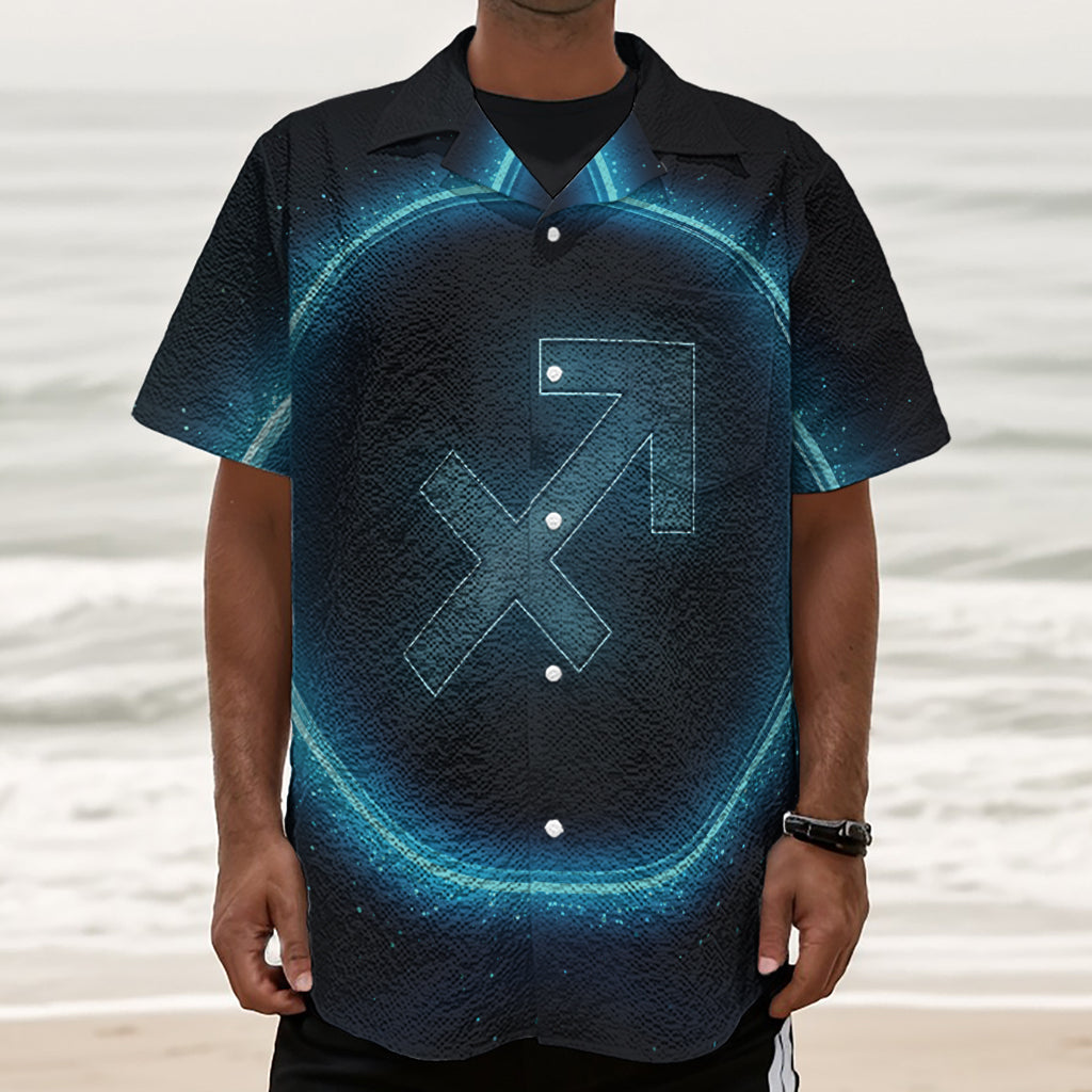 Blue Sagittarius Zodiac Sign Print Textured Short Sleeve Shirt