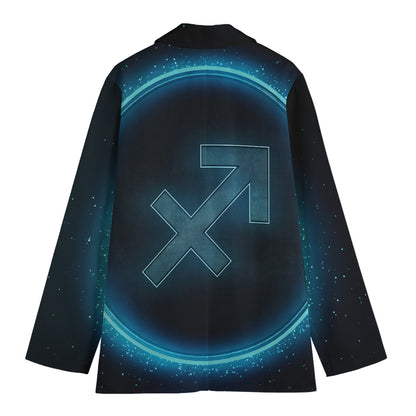 Blue Sagittarius Zodiac Sign Print Women's Cotton Blazer
