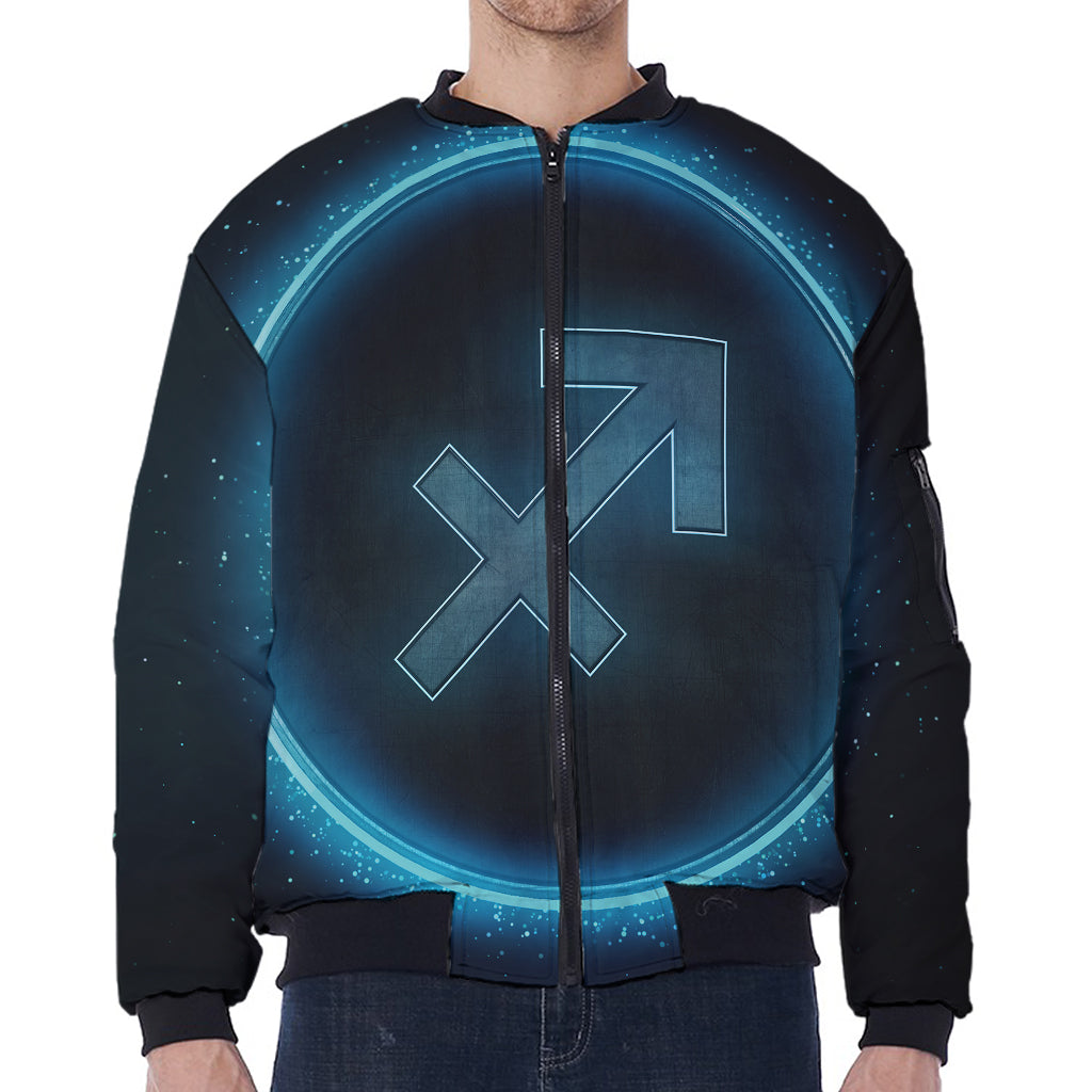 Blue Sagittarius Zodiac Sign Print Zip Sleeve Bomber Jacket