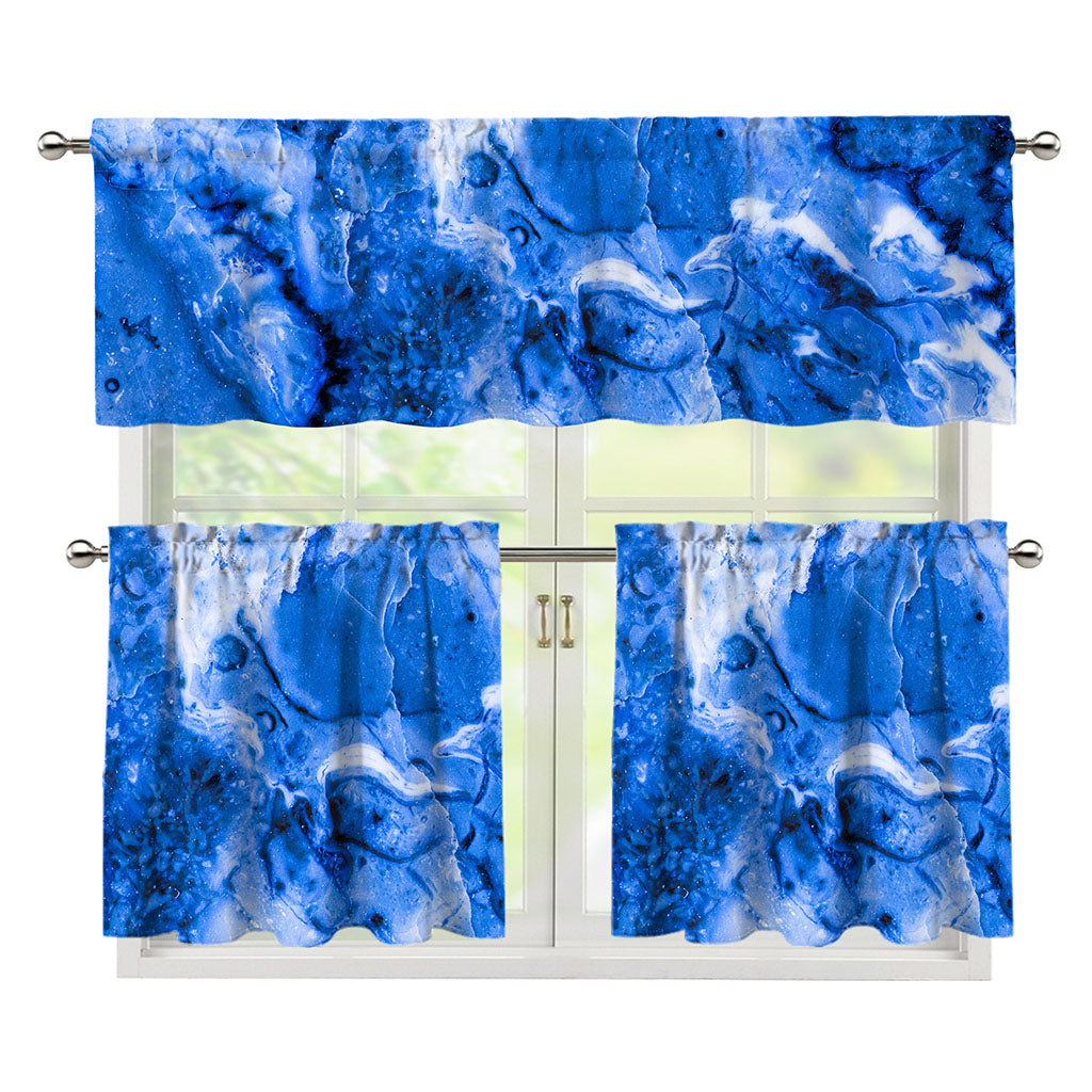 Blue Sapphire Marble Print 3 Piece Kitchen Curtains