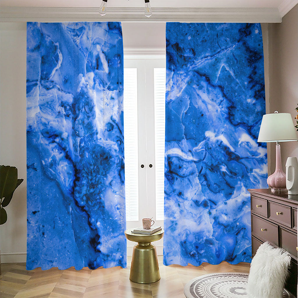 Blue Sapphire Marble Print Blackout Pencil Pleat Curtains