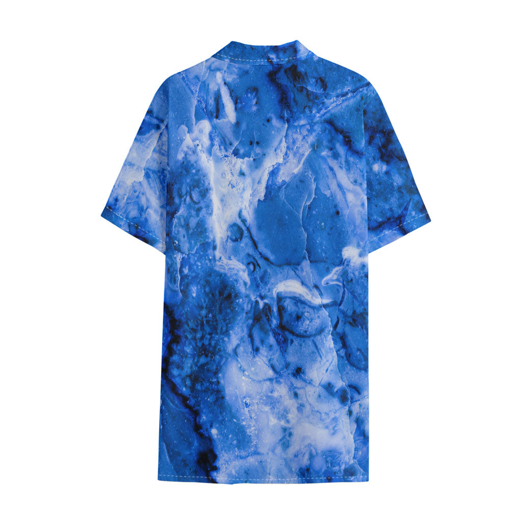 Blue Sapphire Marble Print Cotton Hawaiian Shirt