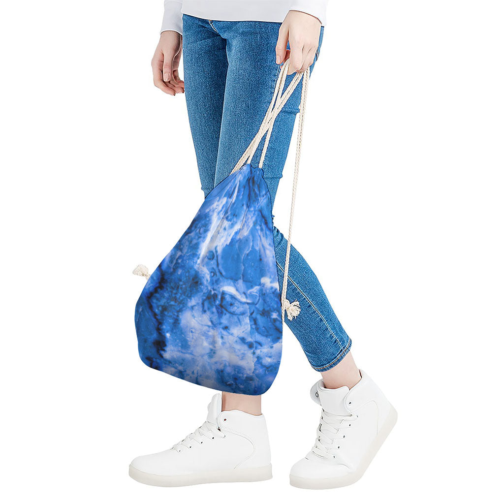Blue Sapphire Marble Print Drawstring Bag