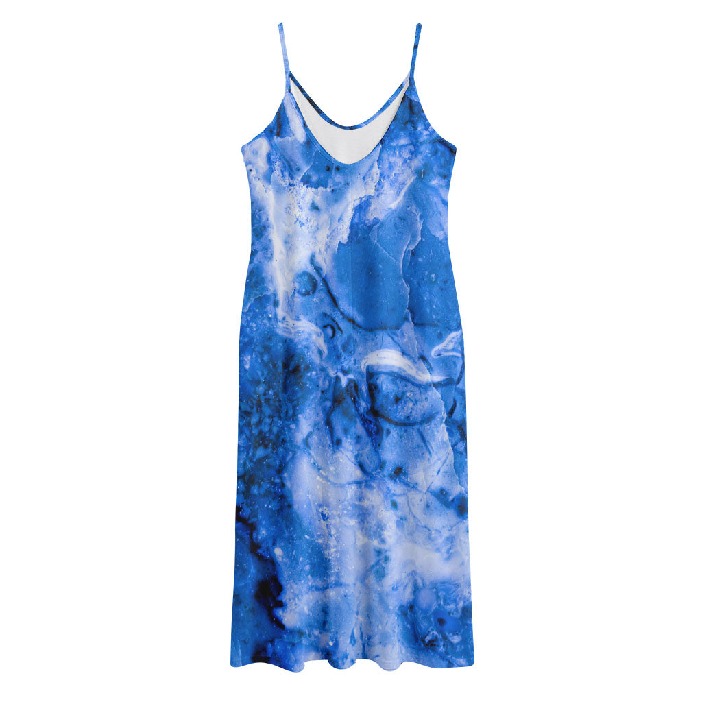 Blue Sapphire Marble Print Jersey Midi Cami Dress