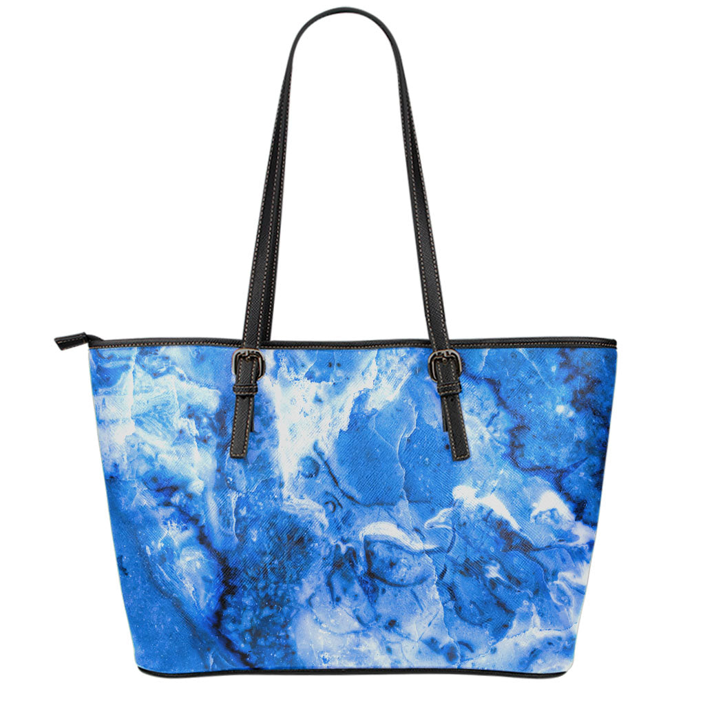 Blue Sapphire Marble Print Leather Tote Bag
