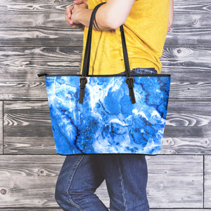 Blue Sapphire Marble Print Leather Tote Bag