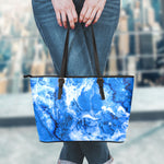 Blue Sapphire Marble Print Leather Tote Bag