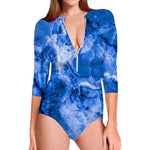 Blue Sapphire Marble Print Long Sleeve Swimsuit