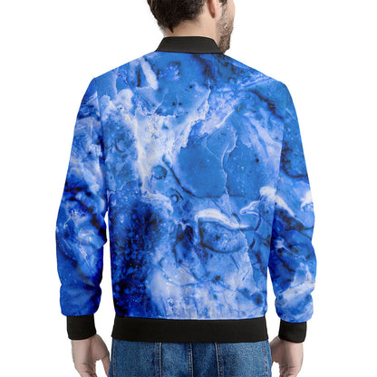 Blue Sapphire Marble Print Men's Bomber Jacket