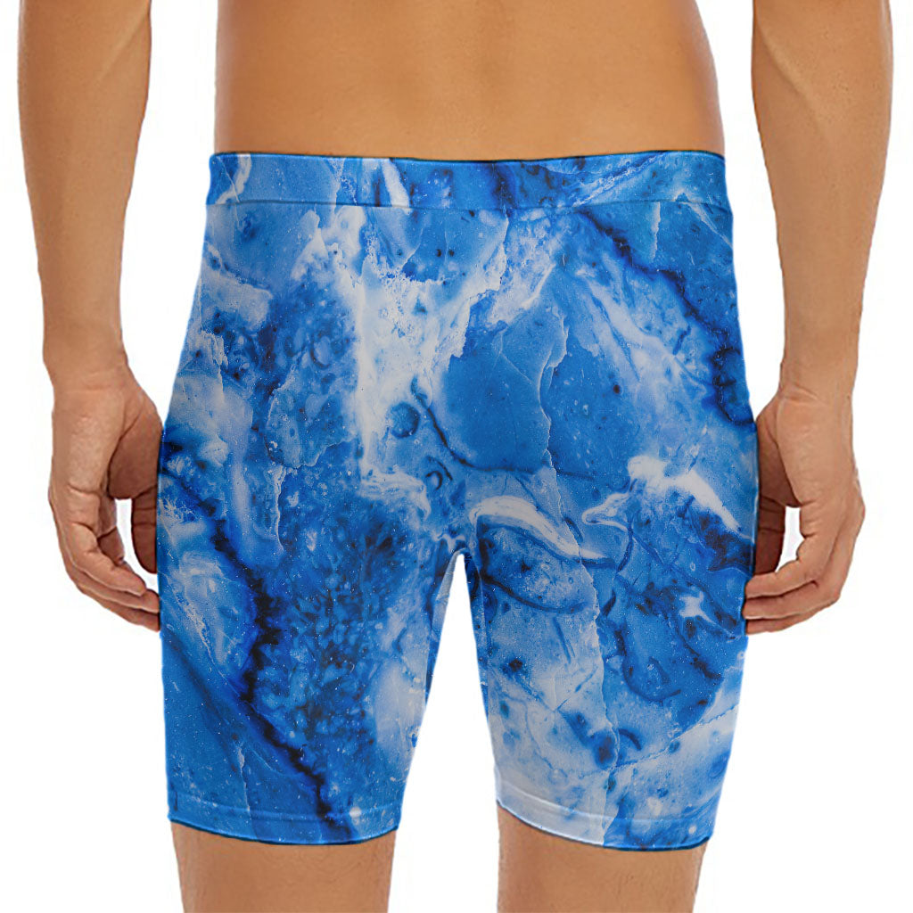 Blue Sapphire Marble Print Men's Long Boxer Briefs