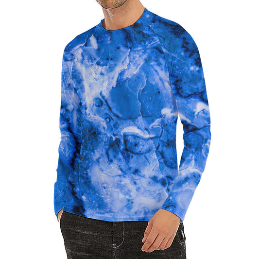 Blue Sapphire Marble Print Men's Long Sleeve Rash Guard