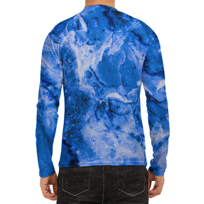 Blue Sapphire Marble Print Men's Long Sleeve Rash Guard