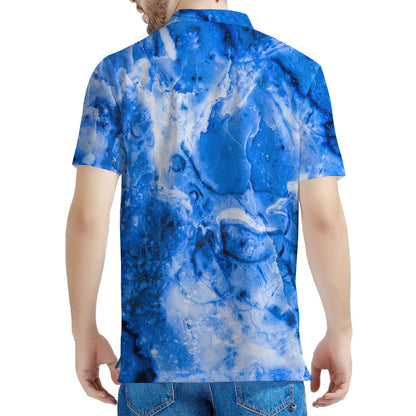 Blue Sapphire Marble Print Men's Polo Shirt