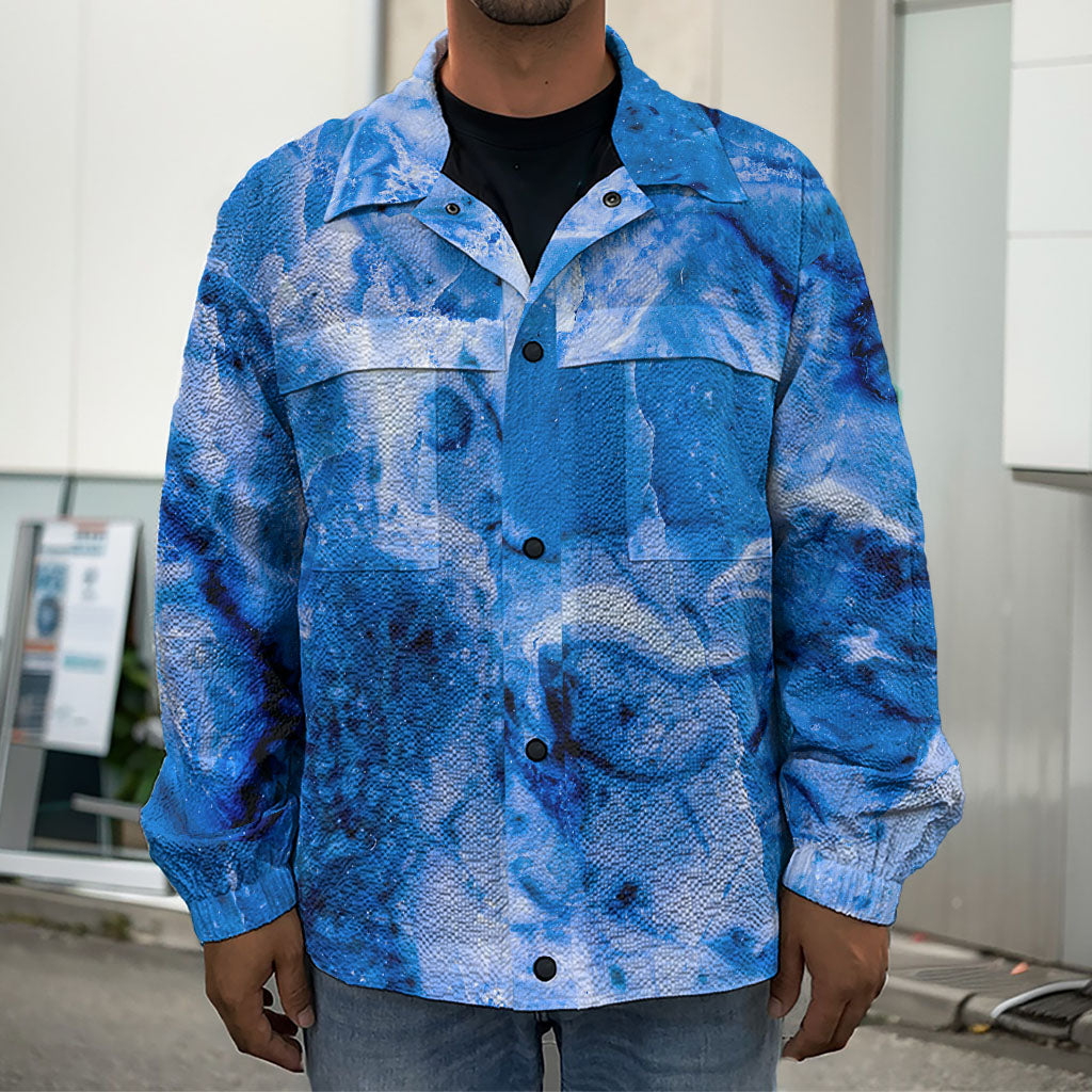 Blue Sapphire Marble Print Men's Shirt Jacket