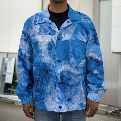Blue Sapphire Marble Print Men's Shirt Jacket