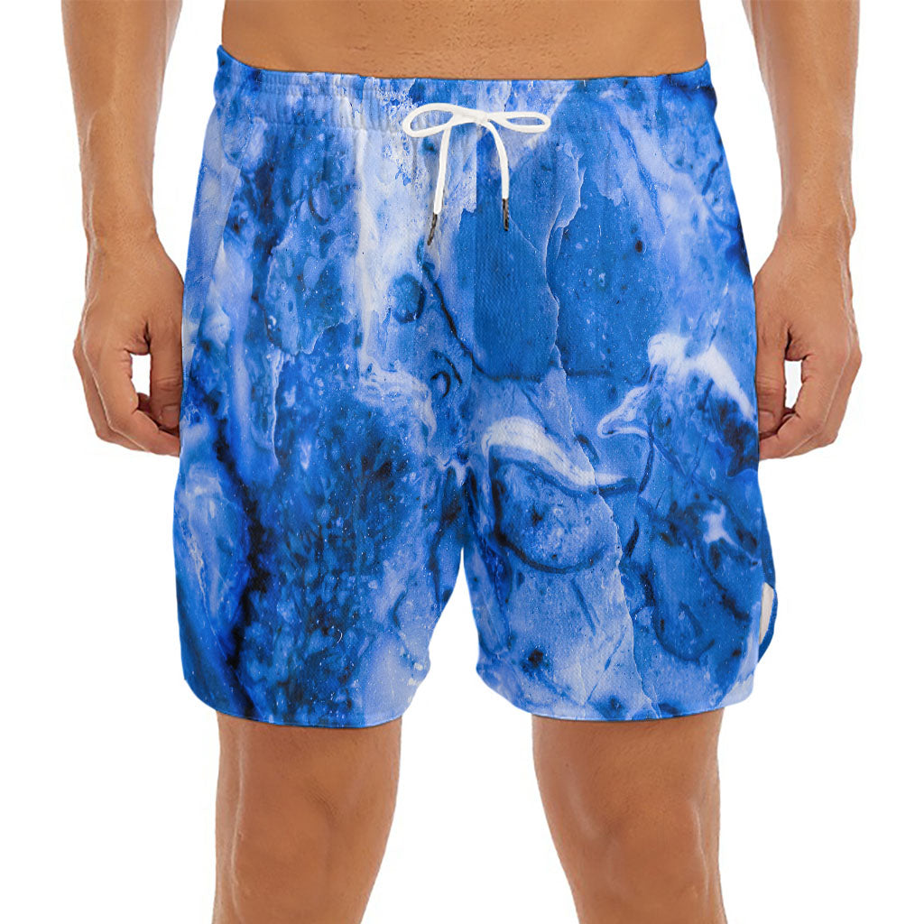 Blue Sapphire Marble Print Men's Split Running Shorts
