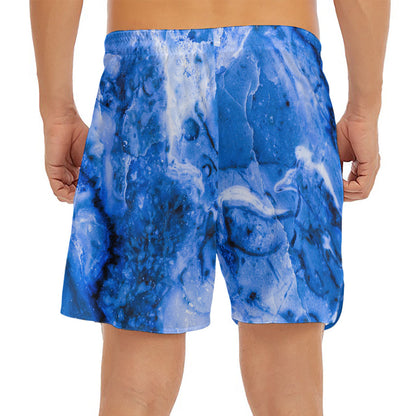 Blue Sapphire Marble Print Men's Split Running Shorts