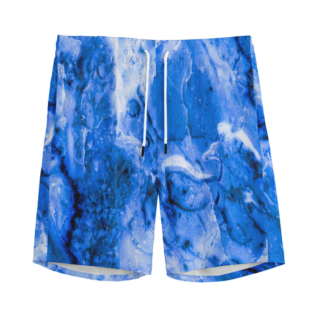 Blue Sapphire Marble Print Men's Sports Shorts