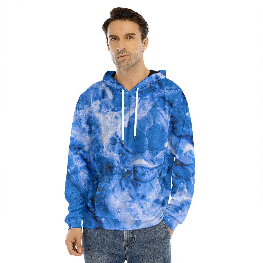 Blue Sapphire Marble Print Men's Velvet Pullover Hoodie