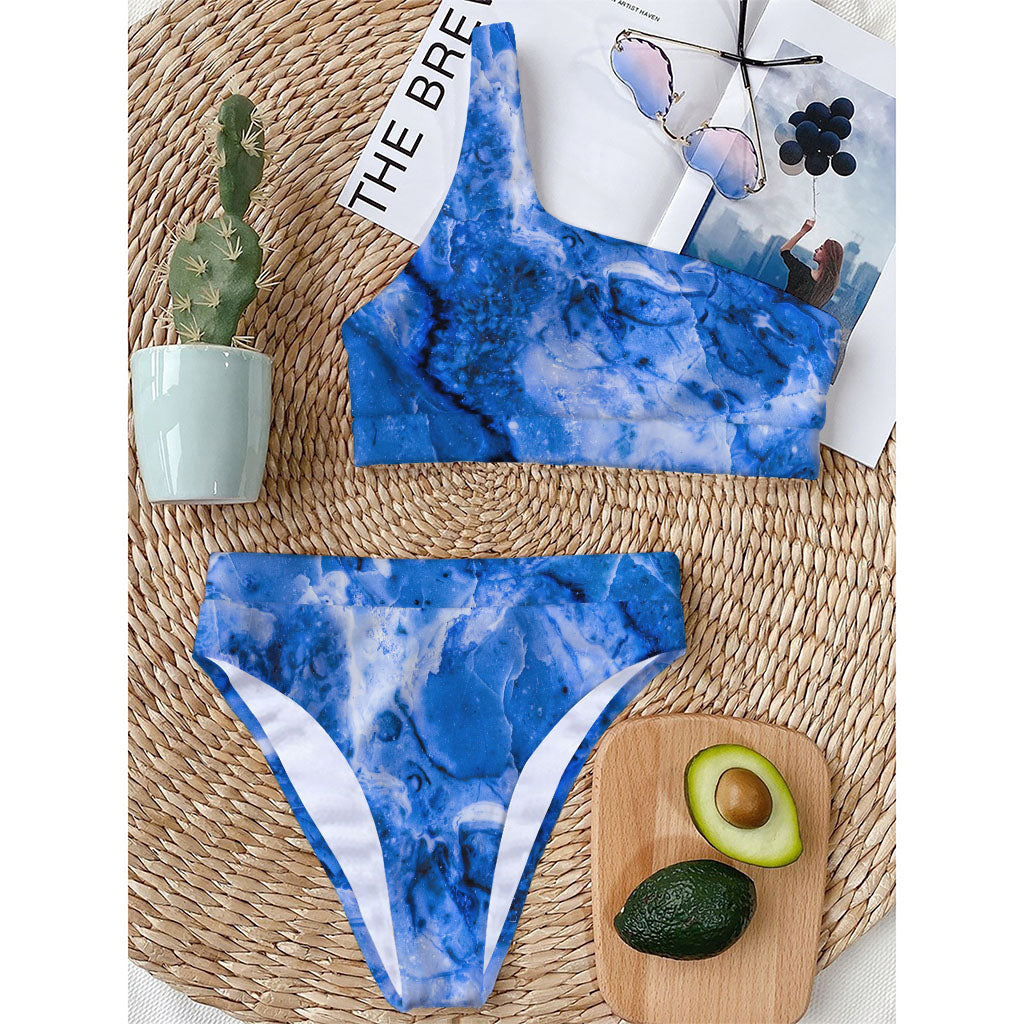 Blue Sapphire Marble Print One Shoulder Bikini Top