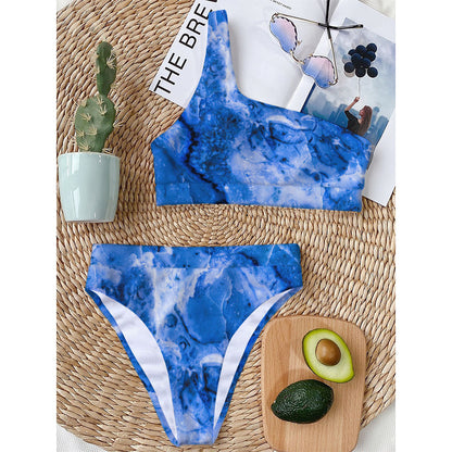 Blue Sapphire Marble Print One Shoulder Bikini Top