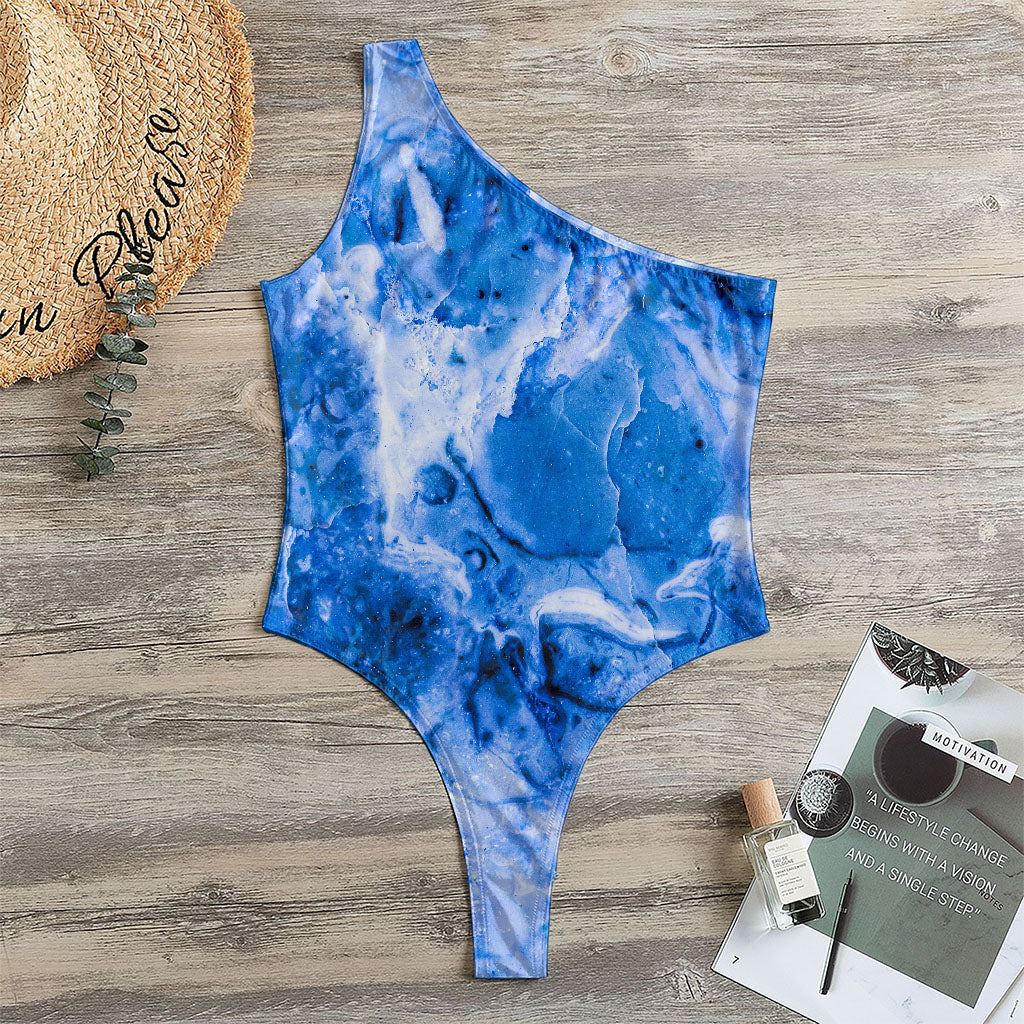 Blue Sapphire Marble Print One Shoulder Bodysuit