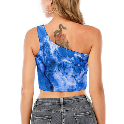 Blue Sapphire Marble Print One Shoulder Crop Top