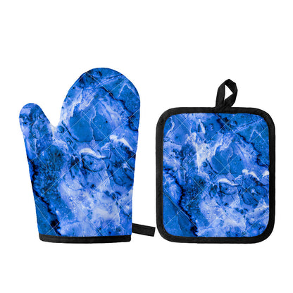 Blue Sapphire Marble Print Oven Mitt And Pot Holder Set