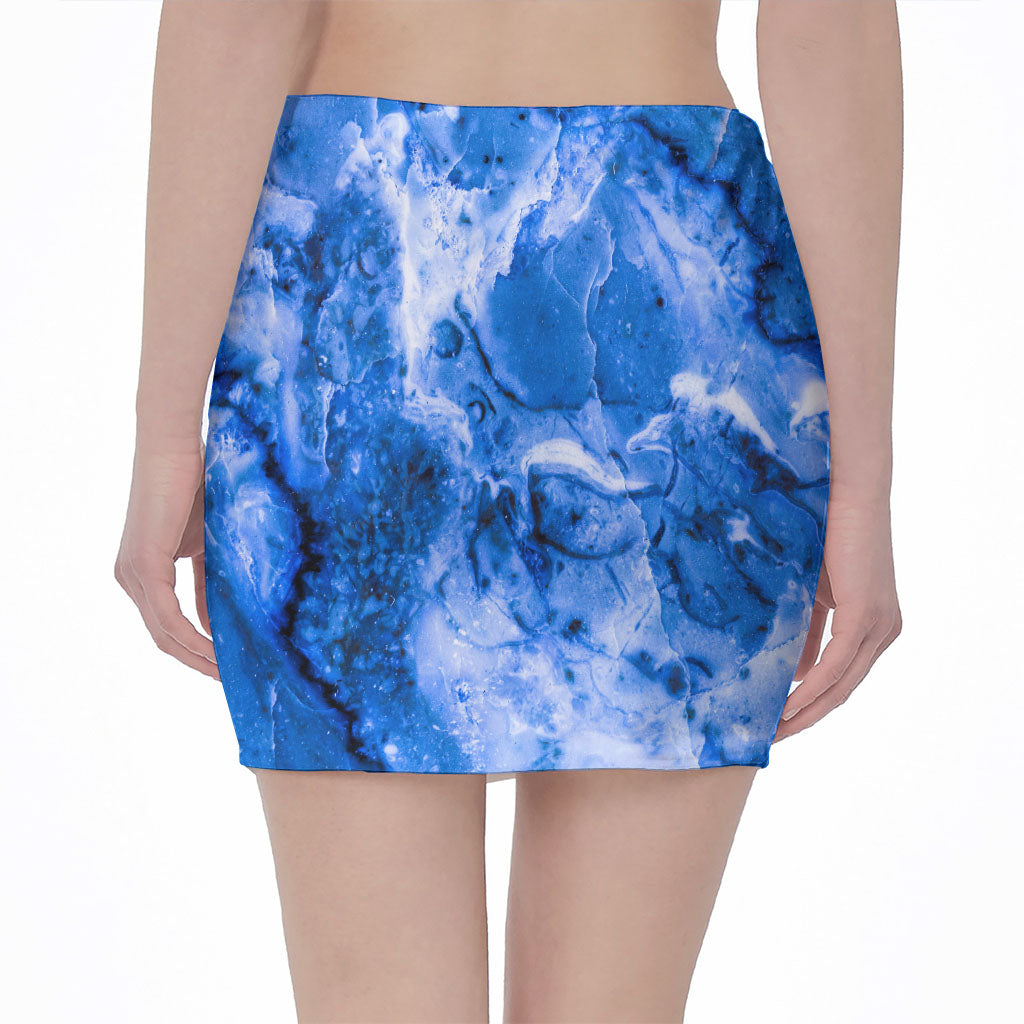 Blue Sapphire Marble Print Pencil Mini Skirt