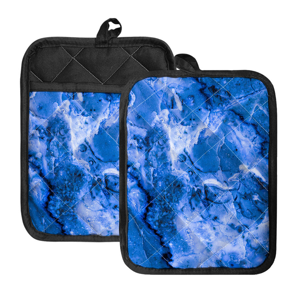 Blue Sapphire Marble Print Pot Holders With Pocket