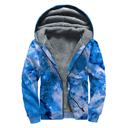 Blue Sapphire Marble Print Sherpa Lined Zip Up Hoodie