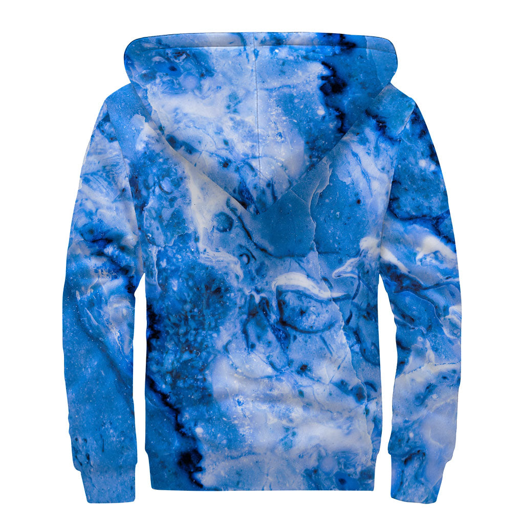 Blue Sapphire Marble Print Sherpa Lined Zip Up Hoodie