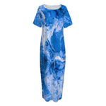Blue Sapphire Marble Print Short Sleeve Long Nightdress