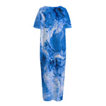 Blue Sapphire Marble Print Short Sleeve Long Nightdress