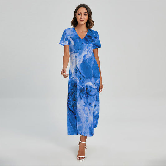 Blue Sapphire Marble Print Short Sleeve Maxi Dress