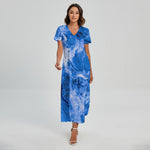 Blue Sapphire Marble Print Short Sleeve Maxi Dress