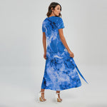 Blue Sapphire Marble Print Short Sleeve Maxi Dress