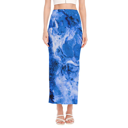 Blue Sapphire Marble Print Side Slit Maxi Skirt
